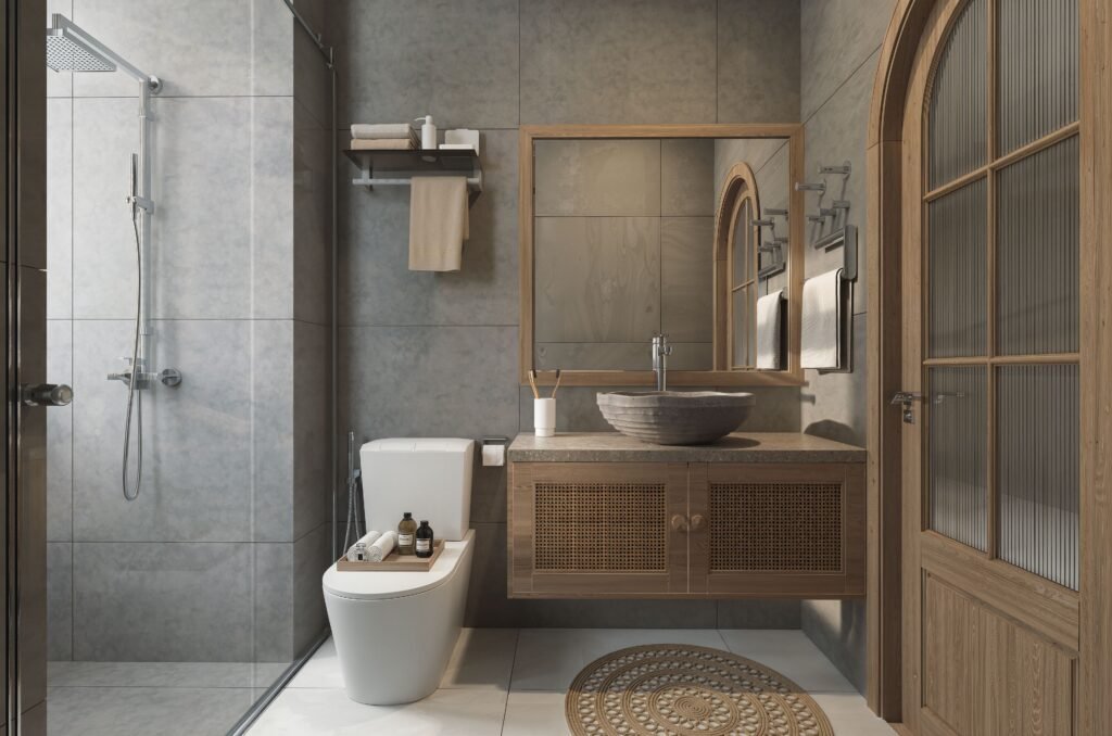Modern bathroom showcasing bathroom hardware vs accessories in matching metal finish